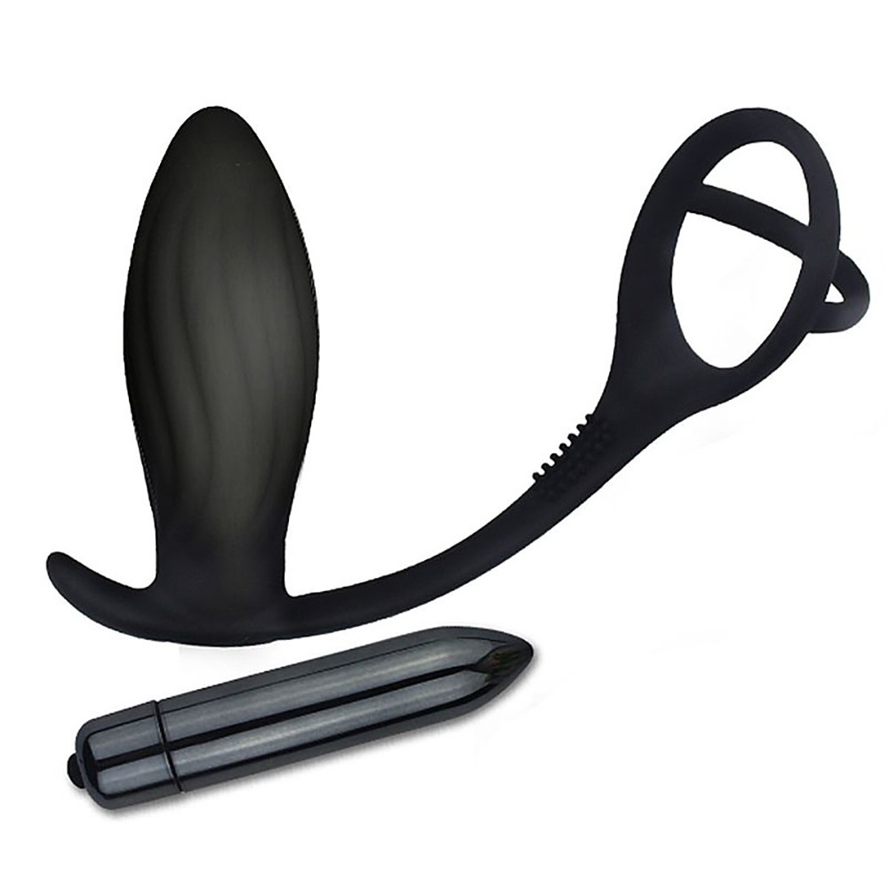 Plug Anal com Vibrador em Silicone e An�is, vista lateral com vibrador externo e detalhes em relevo