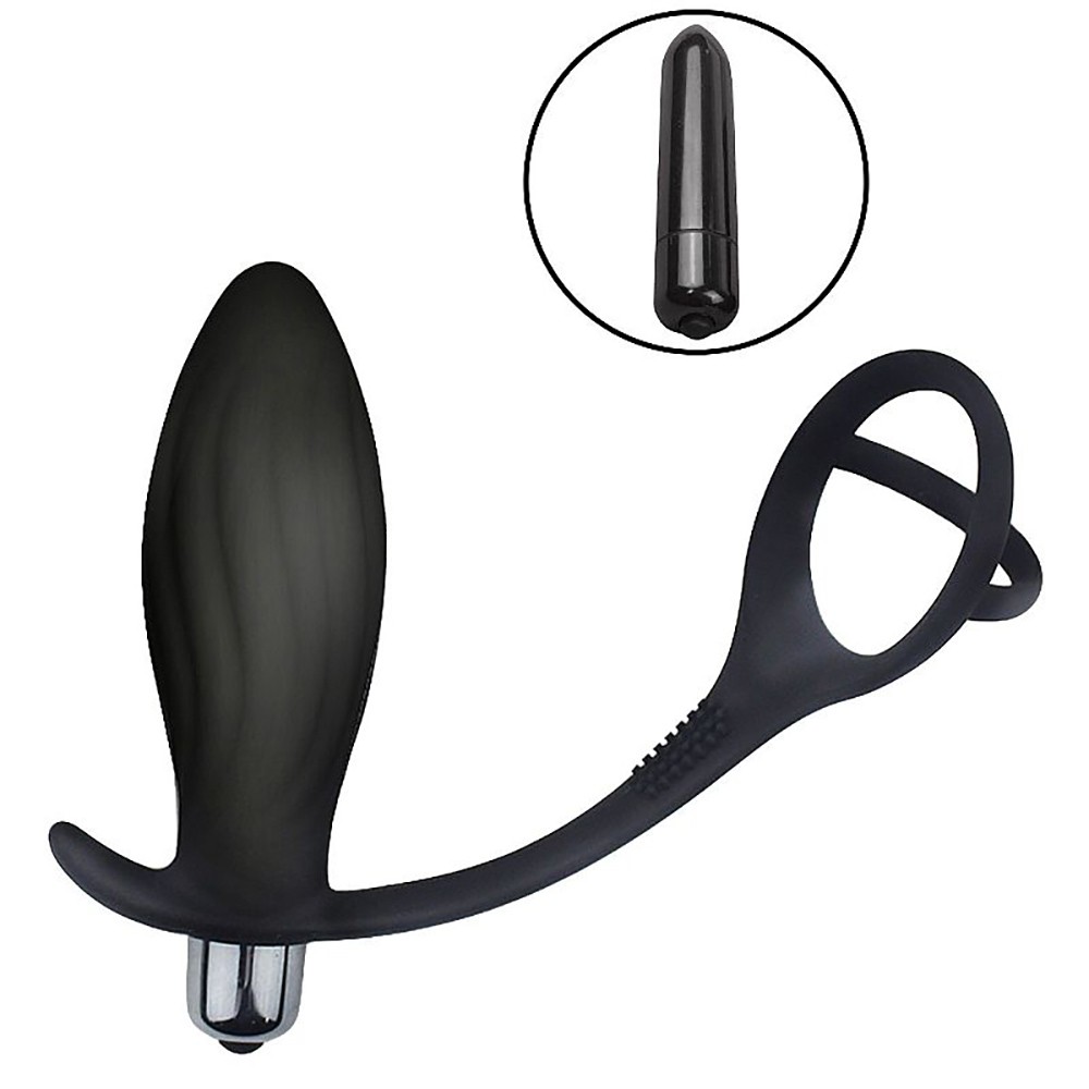 Plug Anal com Vibrador em Silicone com Anel Peniano e Escrotal Preto, com foco no vibrador interno para a �rea anal