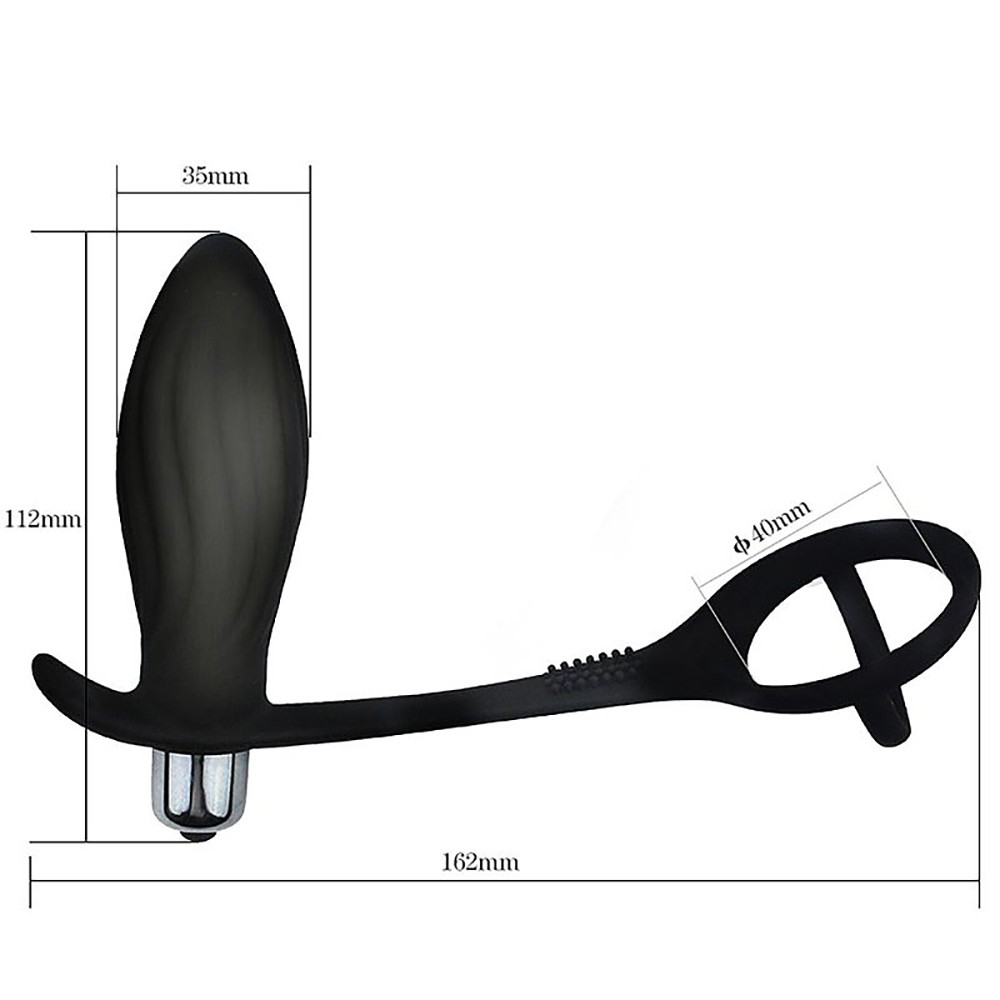 Plug Anal com Vibrador em Silicone com Anel Peniano e Escrotal Preto, detalhe do formato ergon�mico da base do plug