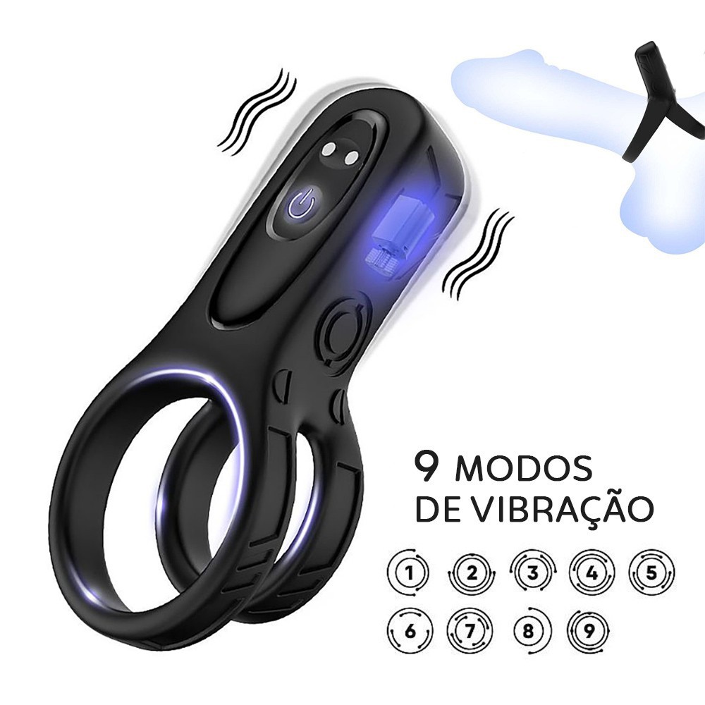 Anel Peniano e Escrotal com Vibrador Recarreg�vel em Silicone com 9 Vibra��es Anel do Rob� Preto com indica��o de 9 modos de vibra��o