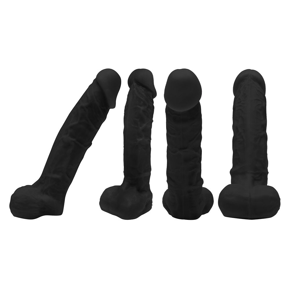 Conjunto de p�nis real�sticos pretos de PVC toque macio em v�rias perspectivas, mostrando detalhes da textura