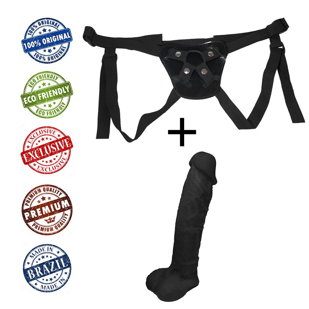 Cinta peniana Hermes e p�nis real�stico preto, mostrando a base da cinta e o encaixe com o p�nis