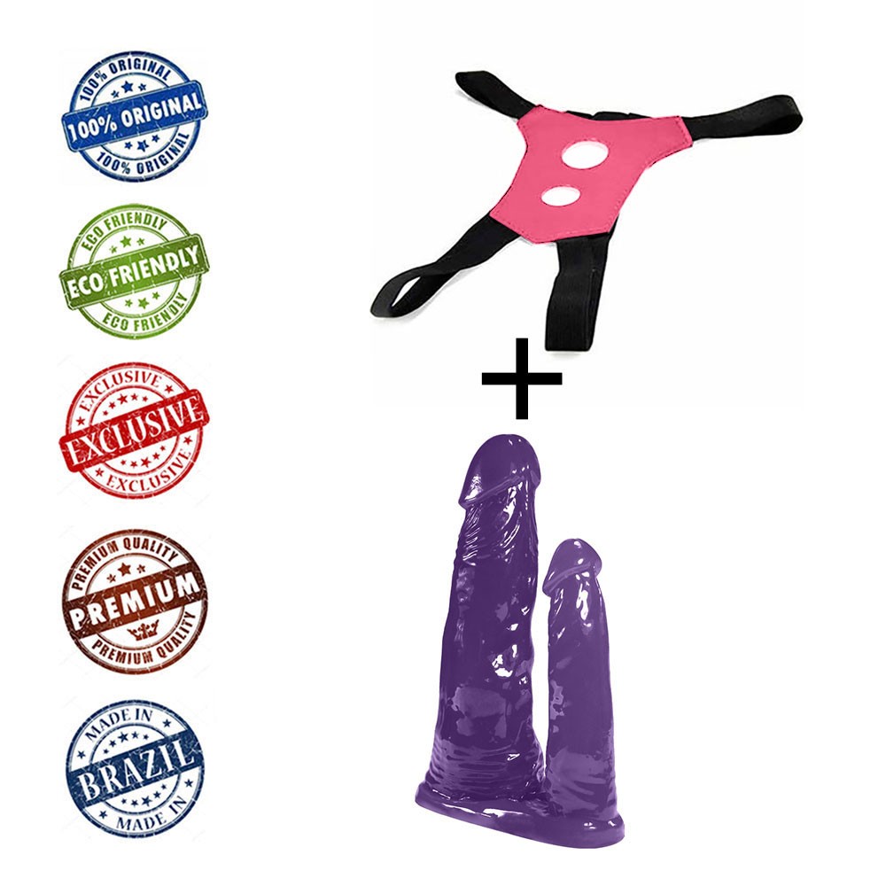 Close-up dos p�nis real�sticos da cinta peniana em PVC Toque Macio, evidenciando a cor pink e detalhes das veias