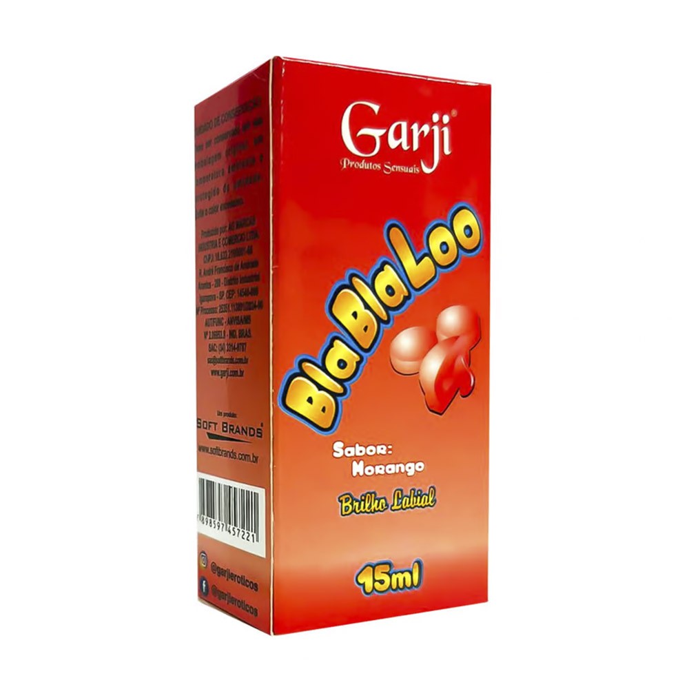 Gel do Beijo Brilho Labial Comest�vel BlaBlaLoo Morango 15ml, caixa e produto em destaque