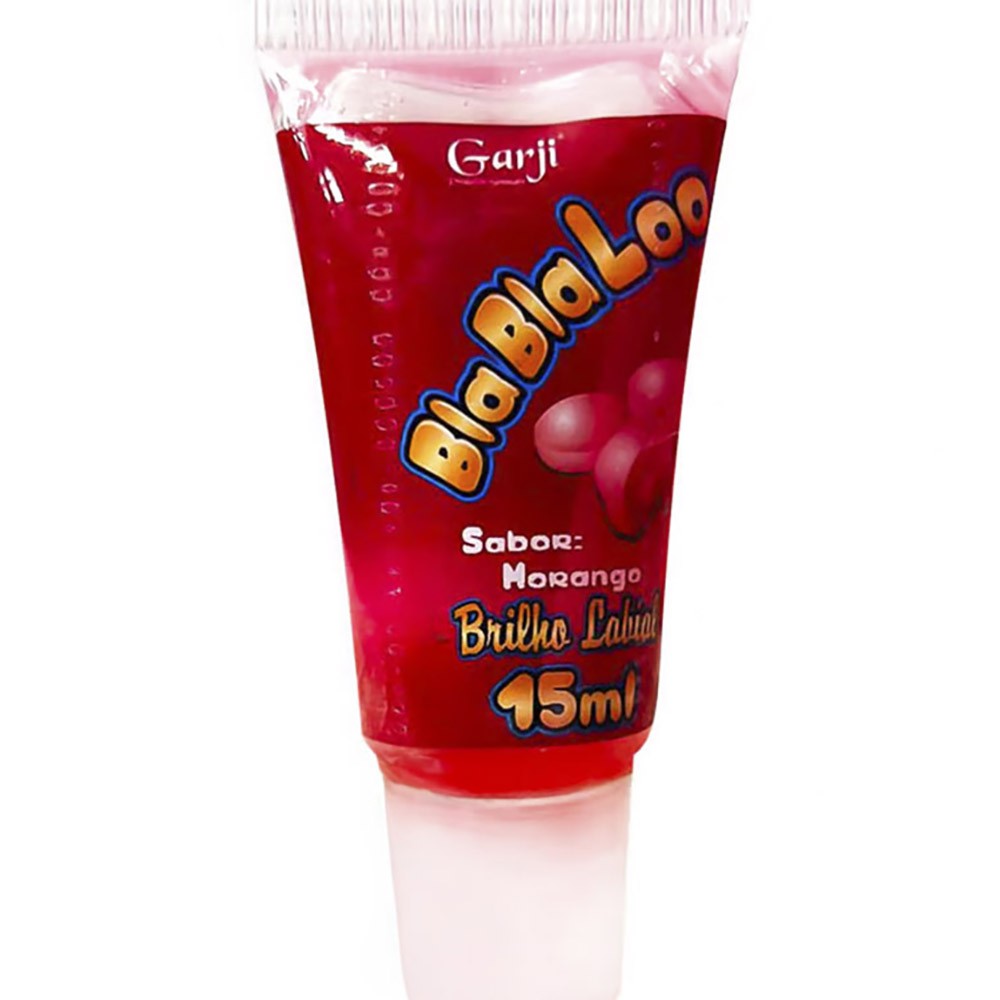 Gel do Beijo Brilho Labial Comest�vel BlaBlaLoo Morango 15ml, produto em �ngulo diferenciado com a caixa ao fundo