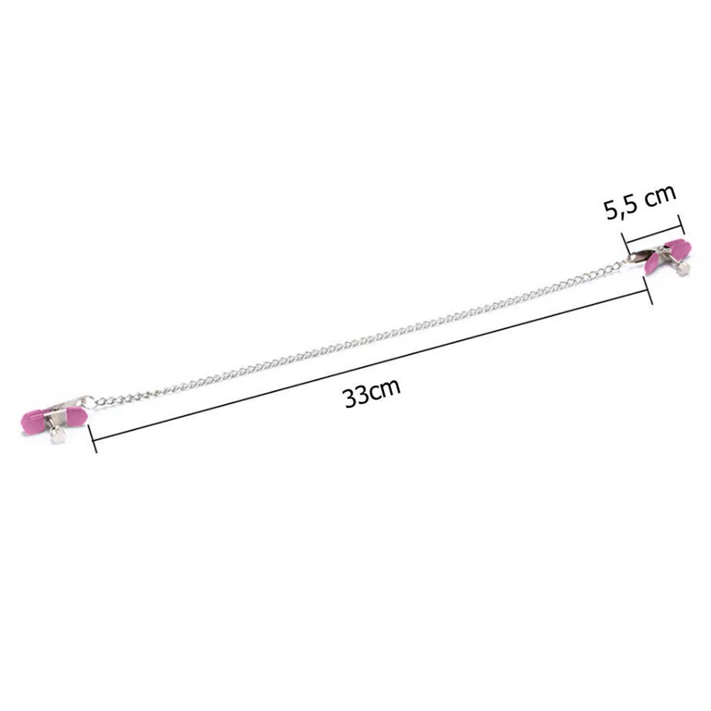 Prendedor de Mamilo Ajust�vel com Corrente Rosa mostrando as medidas de 5,5 cm para o prendedor e 33 cm para a corrente