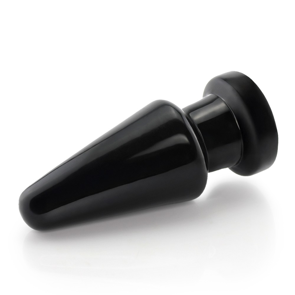 Plug anal Vulc�o preto deitado de lado, evidenciando o corpo c�nico e a transi��o para a base de seguran�a