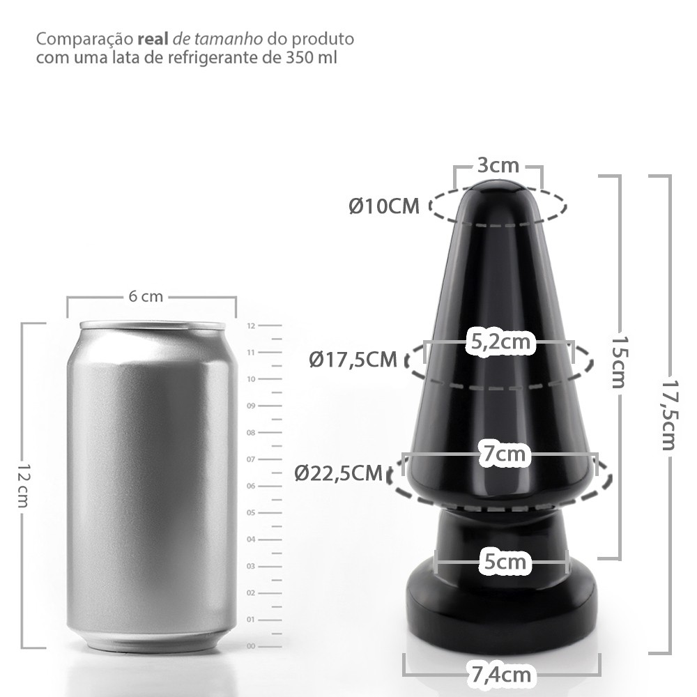 Vista traseira do plug anal Vulc�o preto, ressaltando a dimens�o do cone e a largura da base de inser��o
