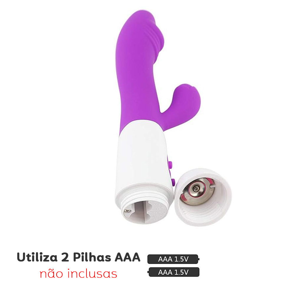 Vibrador Duplo em Silicone � Pilha com 30 Vibra��es Sime 2 Roxo - Detalhe dos bot�es de controle de vibra��o e liga/desliga