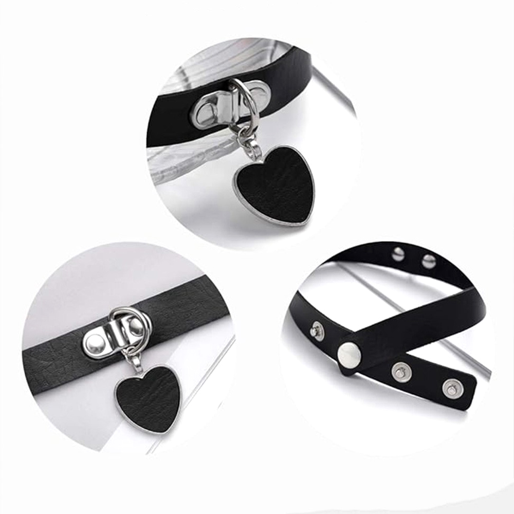 Conjunto de detalhes da Coleira Choker: fecho de bot�es, pingente de cora��o e vista frontal do acess�rio