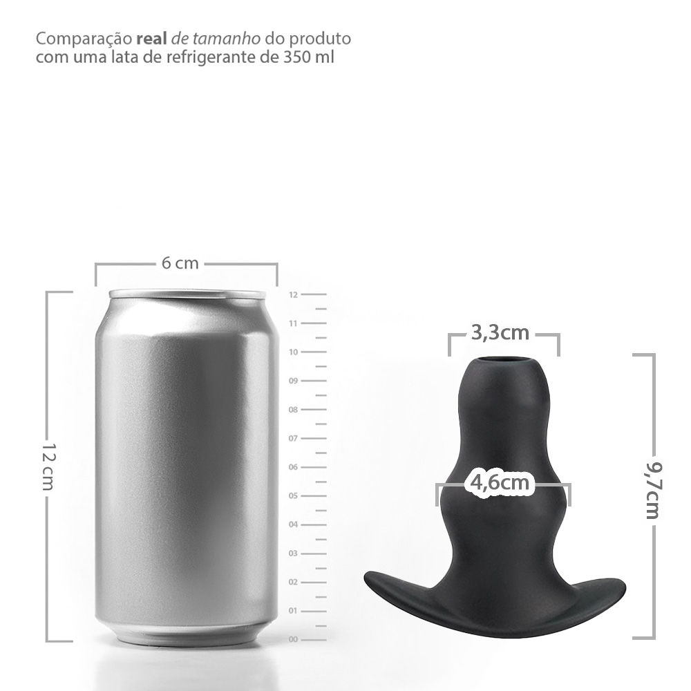 Detalhe do orif�cio e da ponta afilada do plug anal graduado oco em silicone preto, para inser��o suave