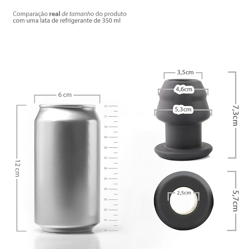 Plug Anal Oco em silicone preto, vista do fundo do produto com a base de seguran�a e a extremidade anat�mica para f�cil inser��o