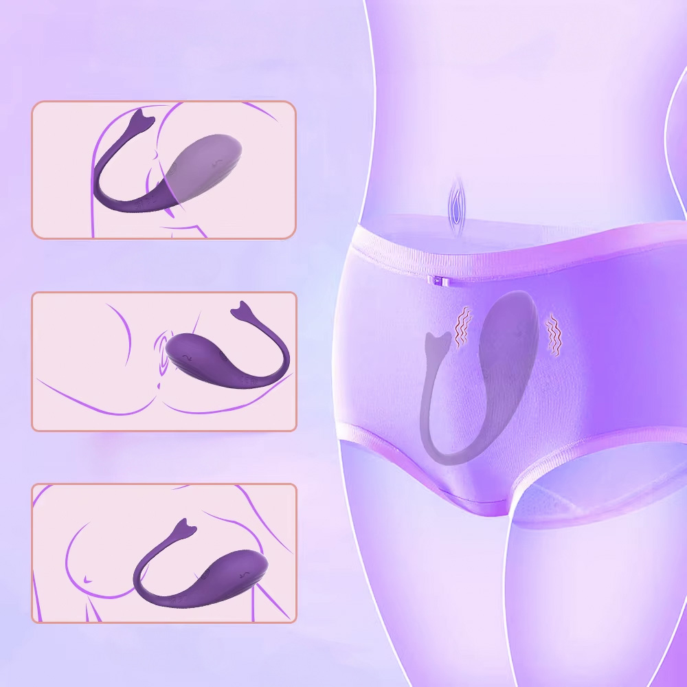 Vibrador Discreto Recarreg�vel Whale Roxo em vista ilustrada de uso �ntimo, demonstrando a discri��o e ajuste ao corpo