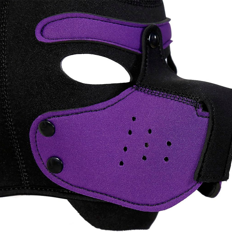M�scara de Cachorro Fetichista em Neoprene Roxo - Detalhe do focinho e furos de ventila��o
