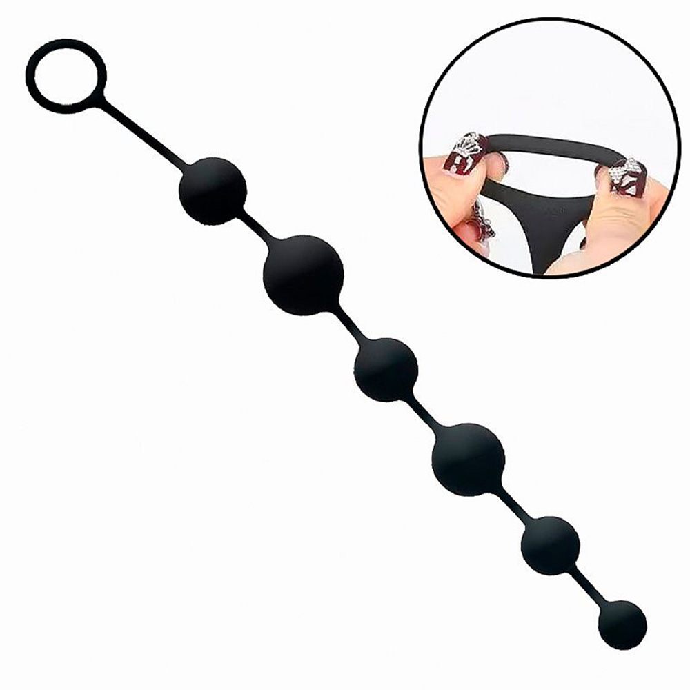 Cord�o Anal Progressivo com 6 Bolas em Silicone Flex�vel e Toque Aveludado Preto, mostrando a flexibilidade do silicone