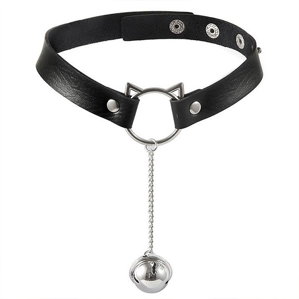 Coleira choker catgirl preta vista frontal em fundo branco com sino e orelhas de gato