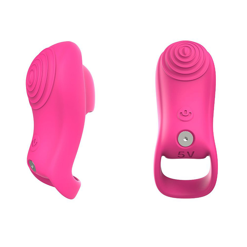 Dedeira Estimuladora Rehan Pink em vista frontal e traseira, evidenciando o design ergon�mico e o bot�o de controle