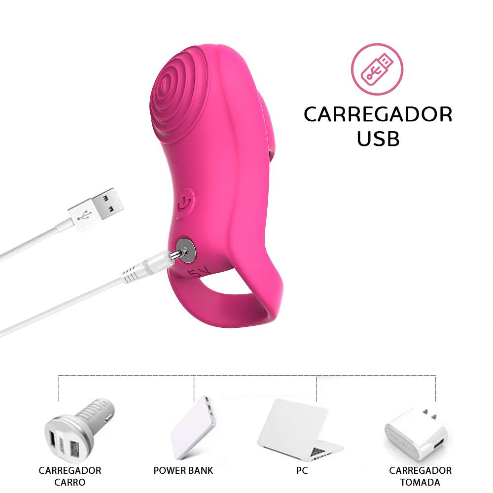 Dedeira Estimuladora Rehan Pink vista de lado, destacando o bot�o de ligar/desligar e o formato ergon�mico