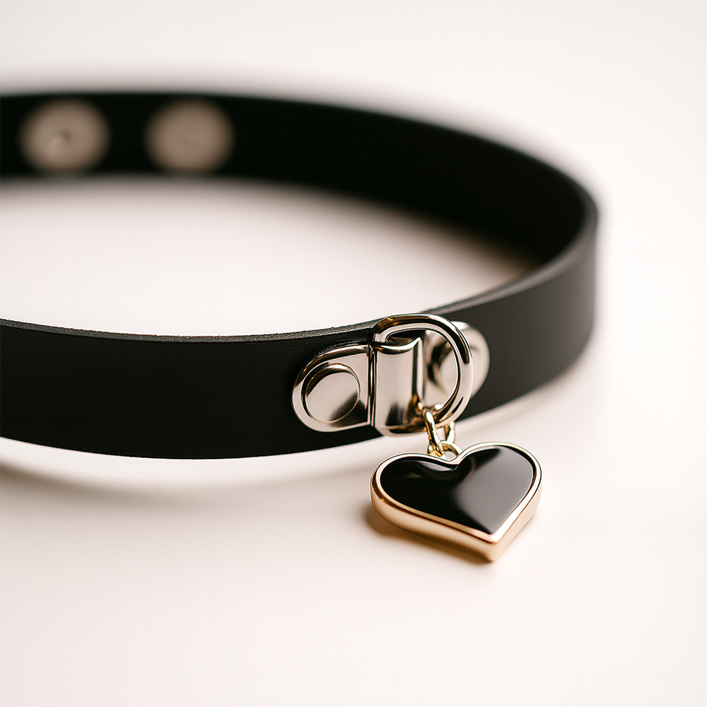 Close no detalhe do fecho em bot�es e do pingente de cora��o da Coleira Social Choker preta, destacando o acabamento met�lico