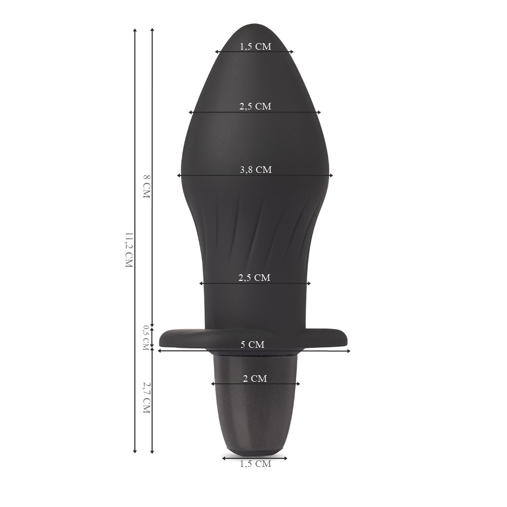 Vista da ponta e parte do corpo do plug anal vibrat�rio Gblack Preto de silicone, mostrando a transi��o de espessura