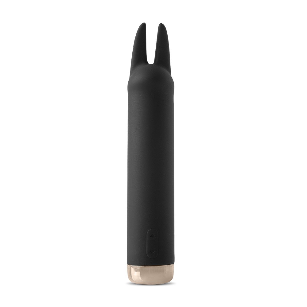 Vibrador Bullet Recarreg�vel em Silicone com 10 Vibra��es Funny Preto, vista frontal mostrando o formato da ponta e base dourada