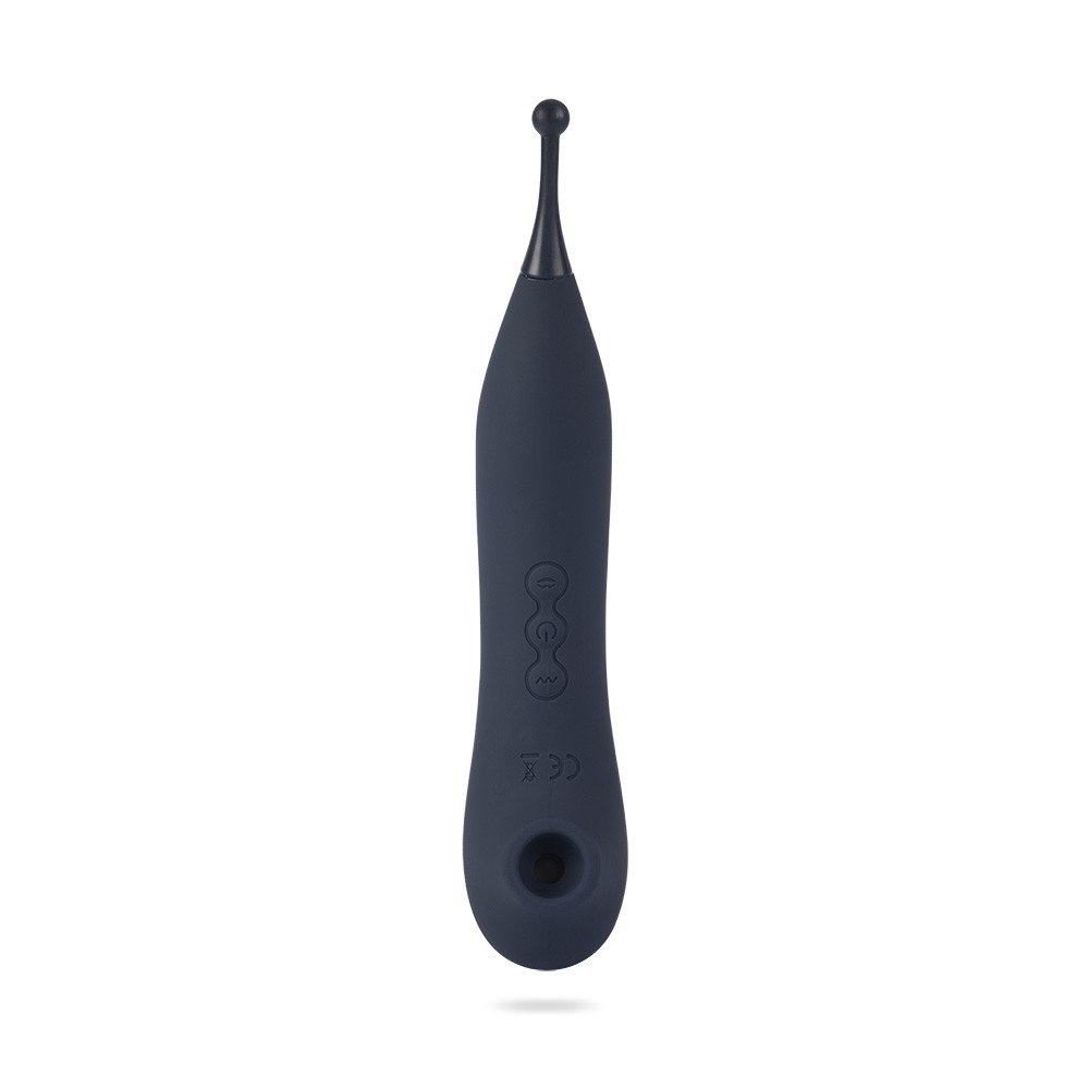 Vista traseira do Vibrador Feminino Recarregavel em Silicone com 7 Vibracoes DOUBLE Azul, exibindo os botoes de controle e o carregador USB