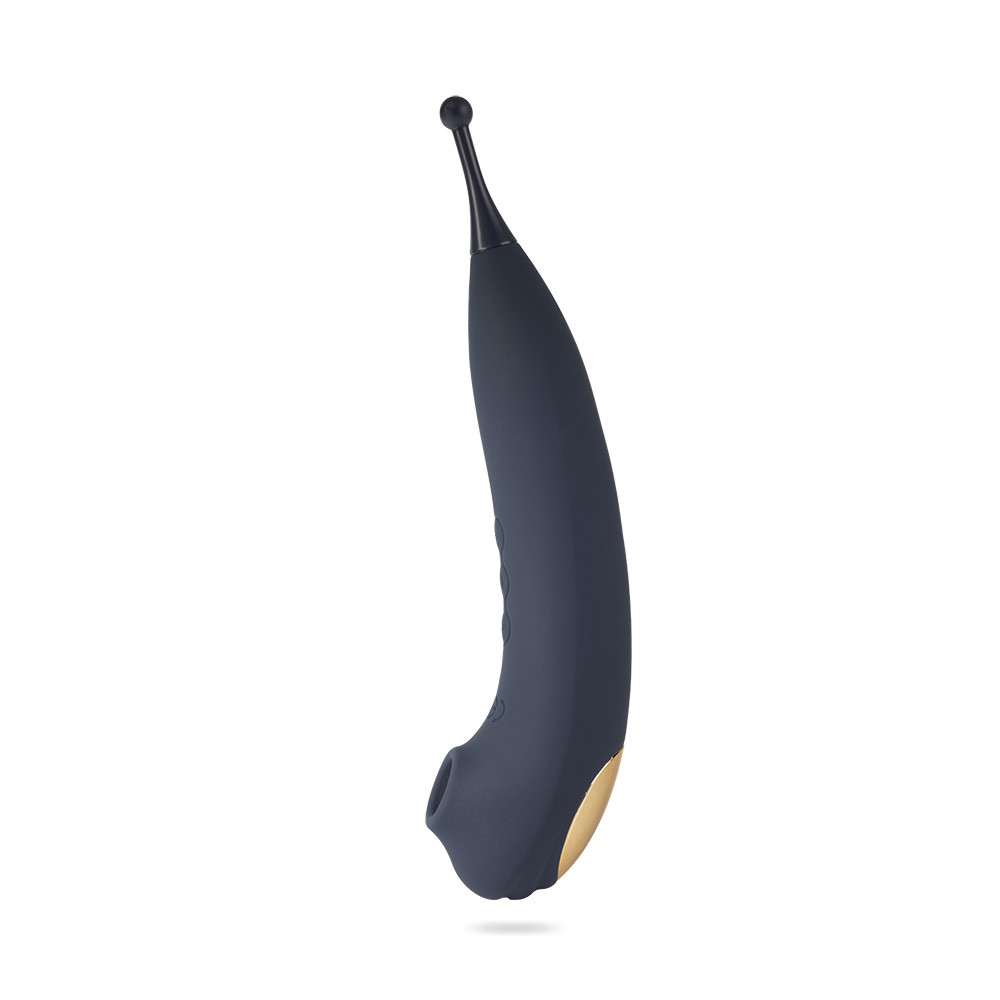 Angulo frontal do Vibrador Feminino Recarregavel em Silicone com 7 Vibracoes DOUBLE Azul, com foco na cabeca estimuladora e o design elegante