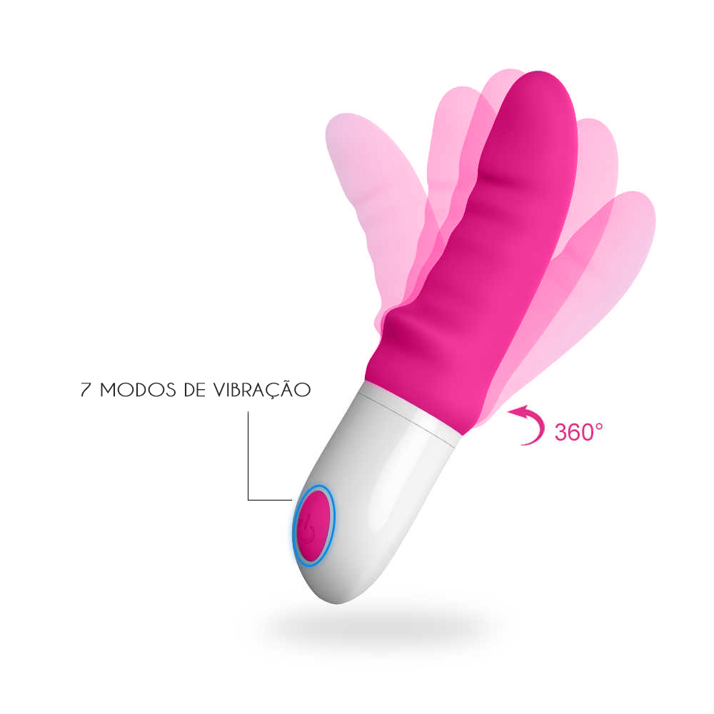 Vibrador Ponto G Sparta Pink ilustrado com seu movimento de vibra��o de 360 graus e indica��o dos 7 modos