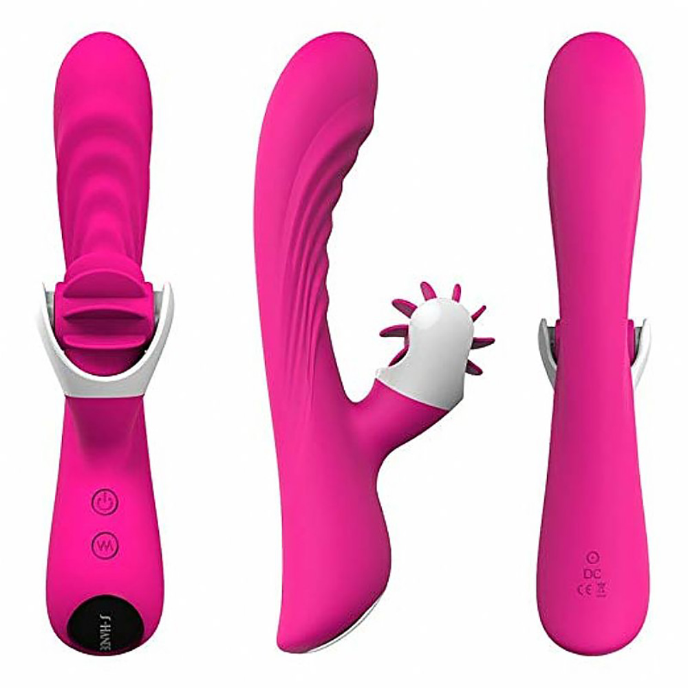 Vibrador Duplo em Silicone Recarreg�vel Pink com simulador de sexo oral e 9 vibra��es, vis�o de lado e parte traseira