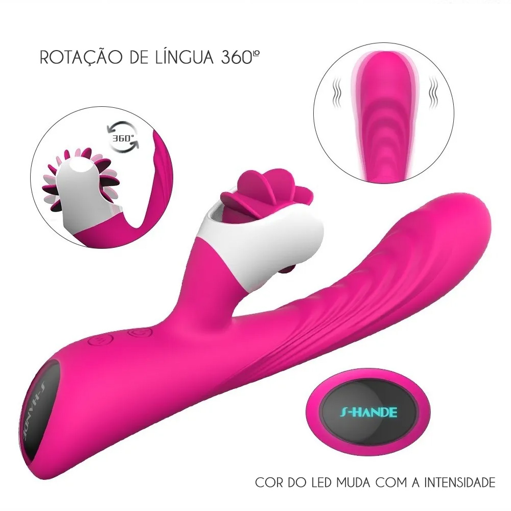 Vibrador Duplo em Silicone Recarreg�vel Pink com simulador de sexo oral, destacando a lingueta rotativa 360�