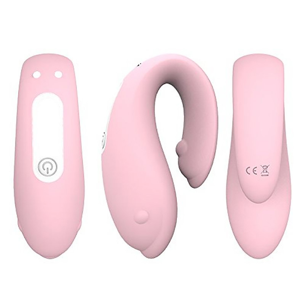 Vibrador para Casal Golfinho Recarreg�vel Winter em Silicone Rosa, vis�o traseira com modos de vibra��o