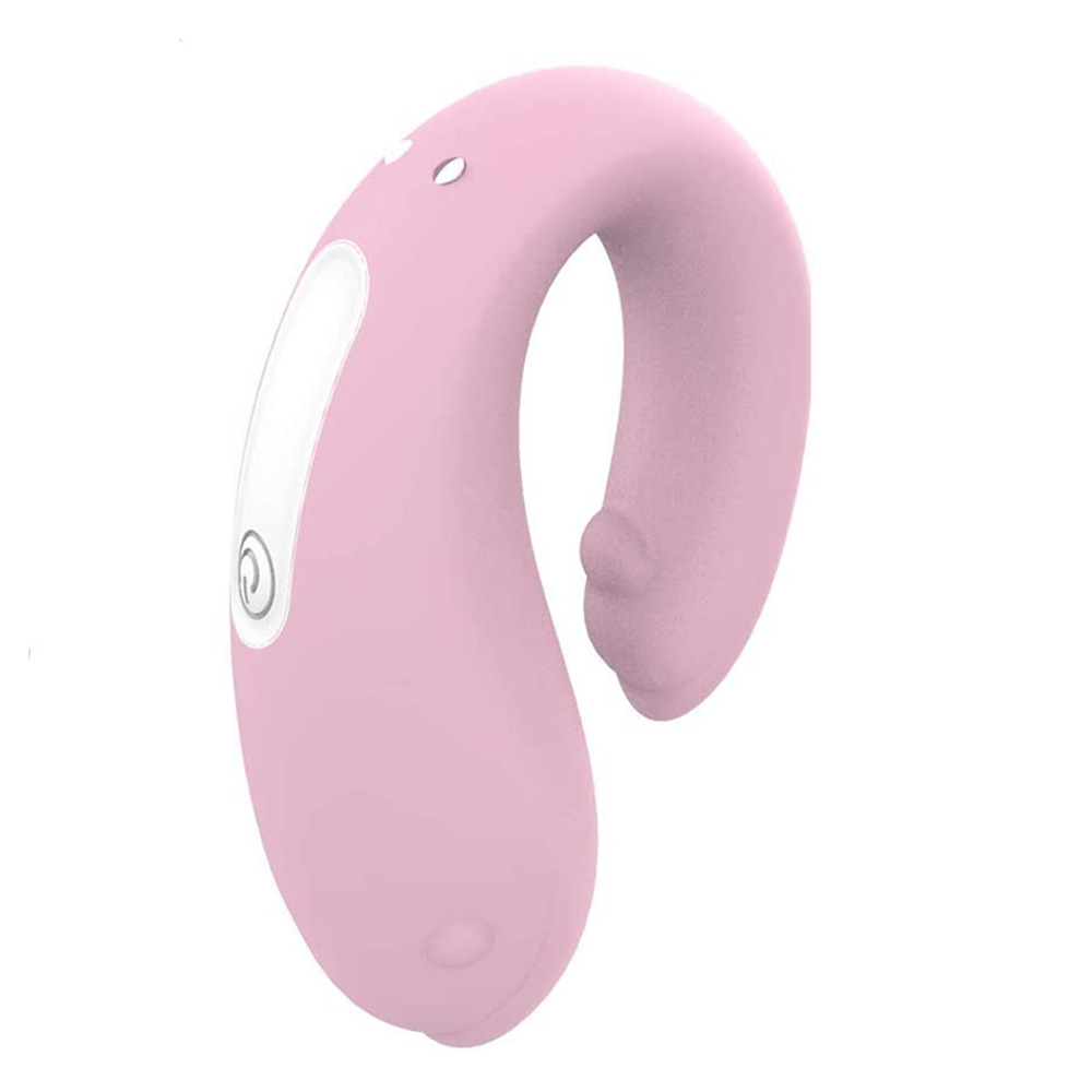 Vibrador para Casal Golfinho Recarreg�vel Winter em Silicone Rosa, vista lateral com bot�o de controle