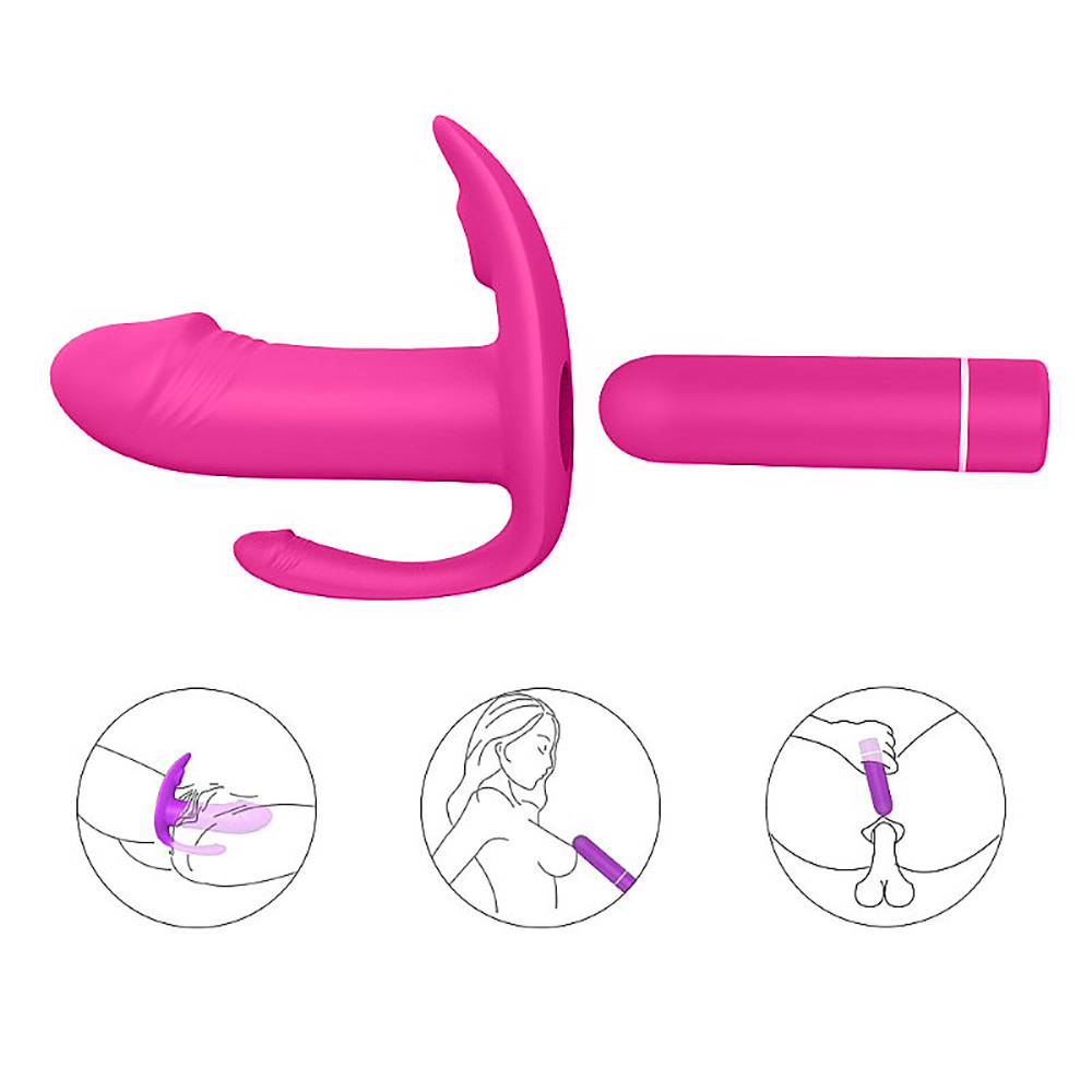 Diagrama mostrando o Vibrador Duplo Didi Pink em tres modos de uso: estimulacao vaginal e clitoriana, massageador perineal e estimulacao anal.