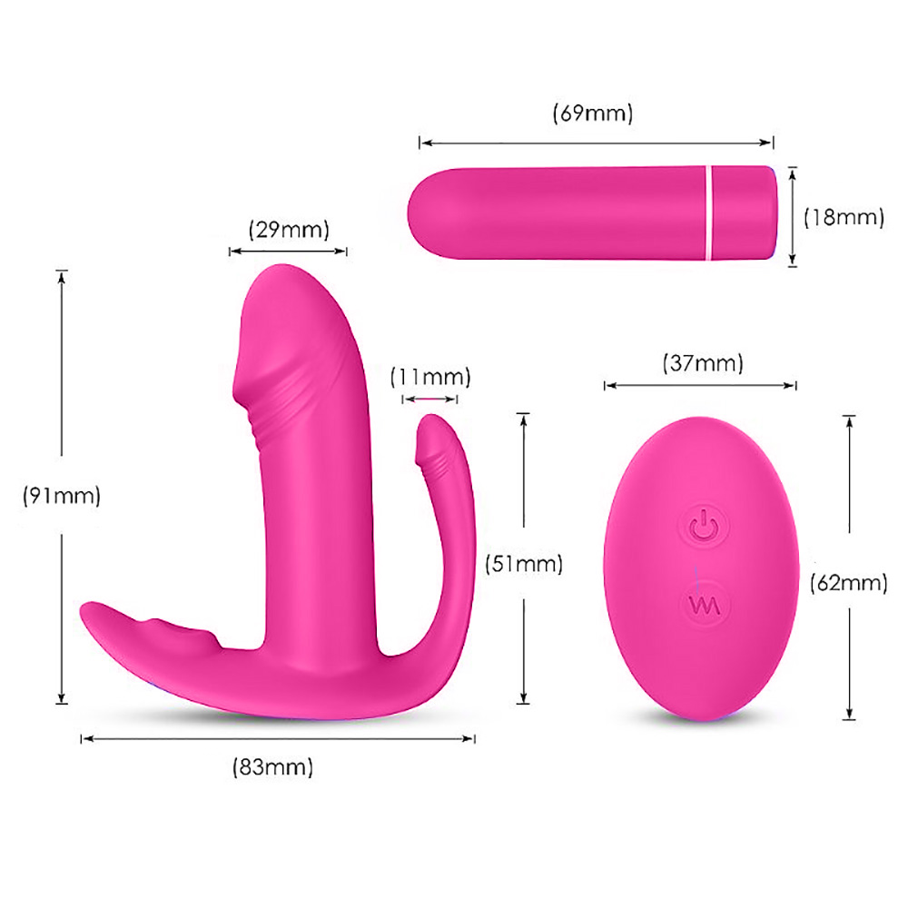 Detalhes das dimensoes do Vibrador Duplo Didi Pink e do controle remoto, com medidas em milimetros.