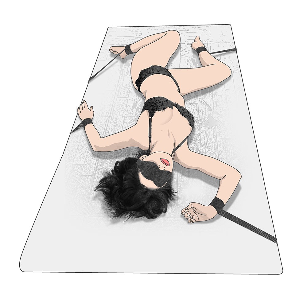 Ilustra��o de mulher com amarras e venda fetiche deitada, representando cen�rio de uso do Kit Bondage