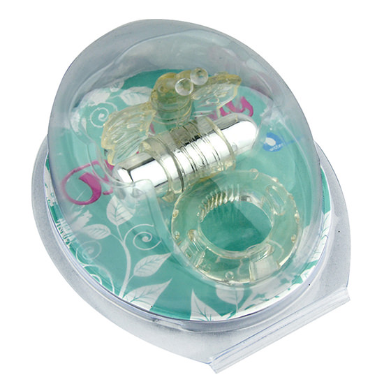 Anel Peniano em Silicone Formato Borboleta, 7 Vibra��es transparente, evidenciando o design delicado da borboleta e o anel vibrat�rio