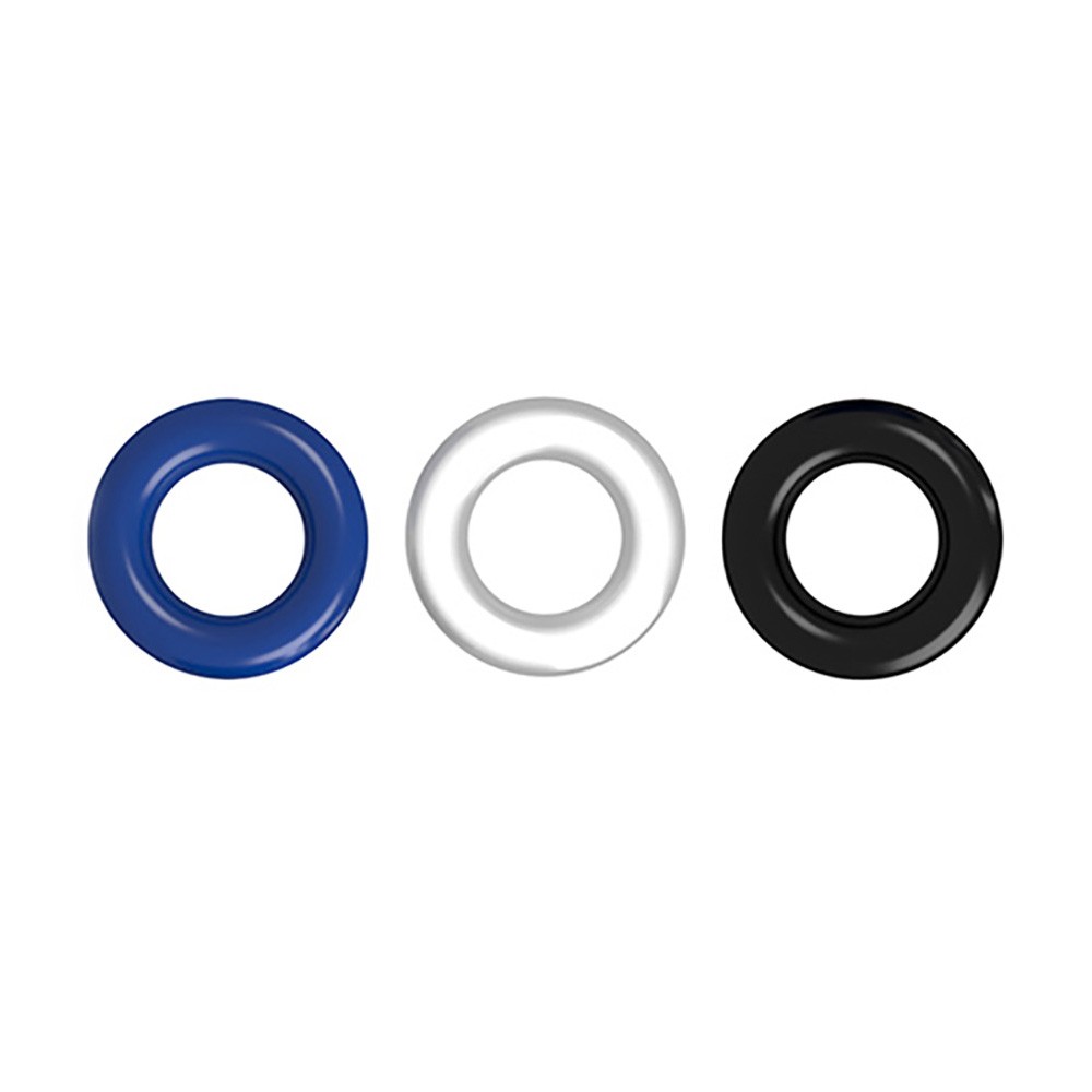 Kit de 3 An�is Penianos Mega Ring nas cores azul, branco e preto alinhados sobre fundo branco