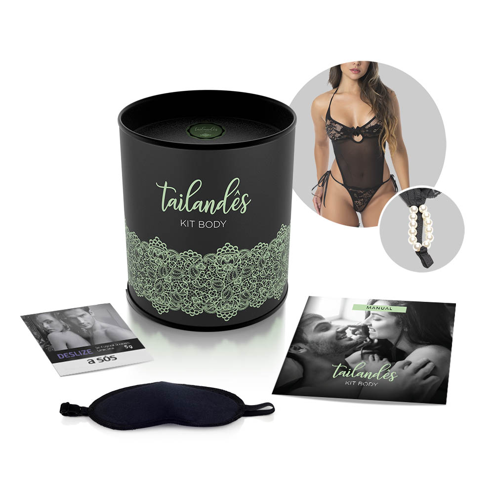 Kit Sensual Body Tailand�s Preto, vista traseira do body, mostrando o fio dental com p�rolas e as amarra��es ajust�veis