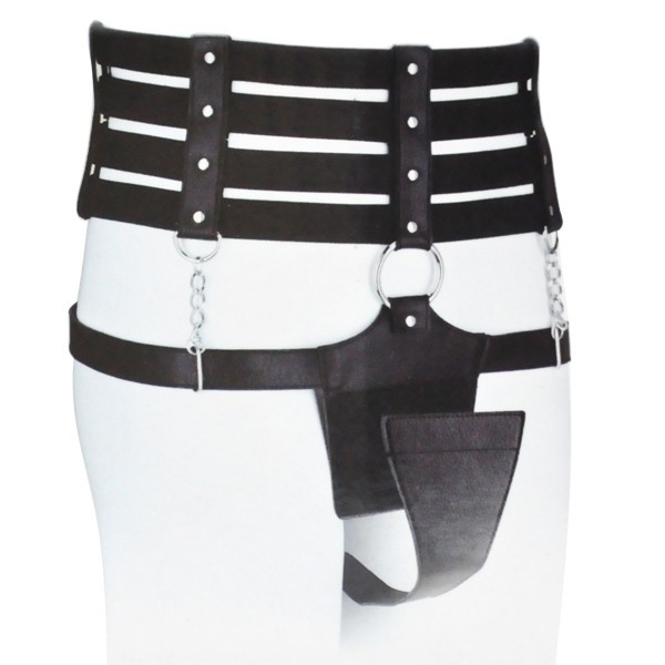 Cinto de Castidade Feminino em PU Estilo Preto, vista lateral detalhando as argolas e correntes
