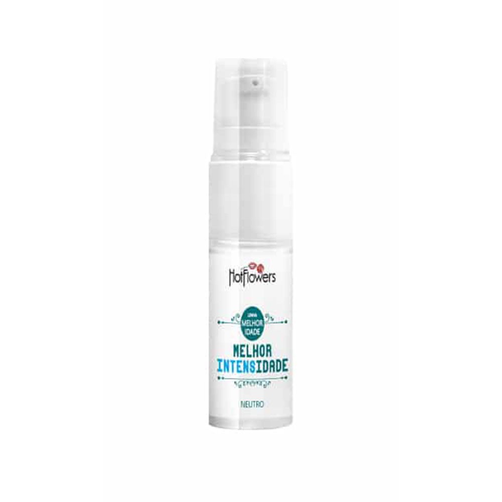 Gel Masculino Melhor Intensidade Neutro 12ml, Hot Flowers. Frasco transparente com r�tulo azul e branco, ao lado da embalagem do produto. Mostra o logo da Hot Flowers e a frase 'Melhor Intensidade Neutro'.