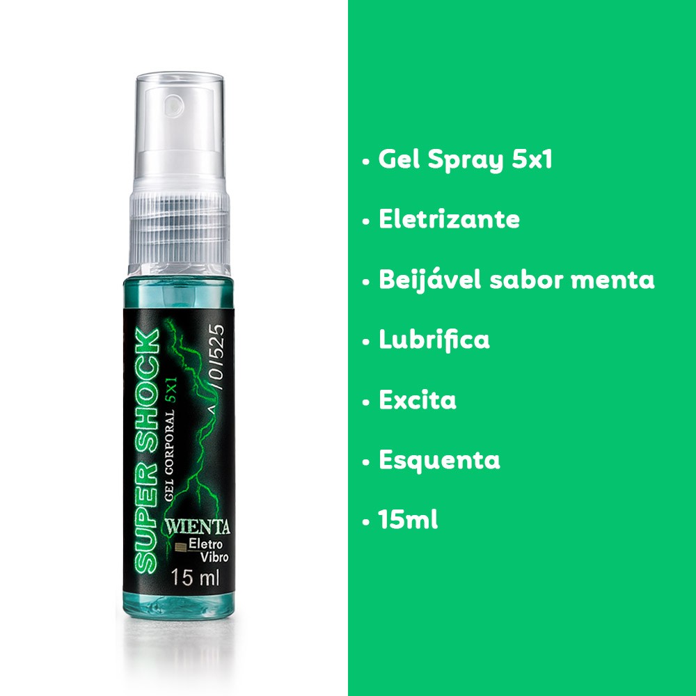 Vibrador L�quido Super Shock Menta 15ml em spray destacando seus benef�cios: Gel Spray 5x1, Eletrizante, Beij�vel sabor menta, Lubrifica, Excita, Esquenta, 15ml