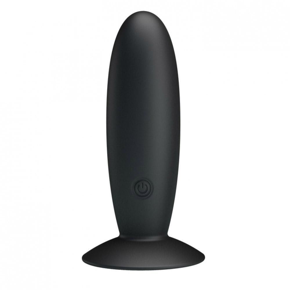 Plug anal vibrat�rio preto, detalhe do bot�o de controle e base de seguran�a, com fundo branco isolado