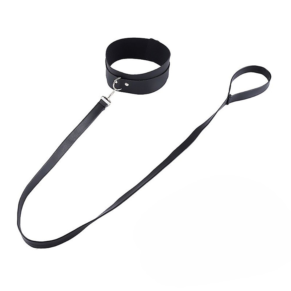 Kit Bondage 7 Itens: Coleira e guia em PU preto com argola e mosquet�o