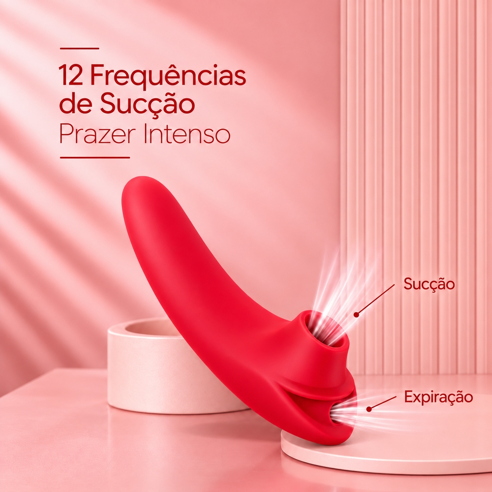 Sugador de Clit�ris Vermelho em silicone com ilustra��o de suc��o e expira��o