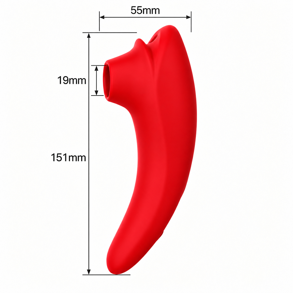 Vista lateral do Sugador de Clit�ris Vermelho com dimens�es de 151mm e 55mm