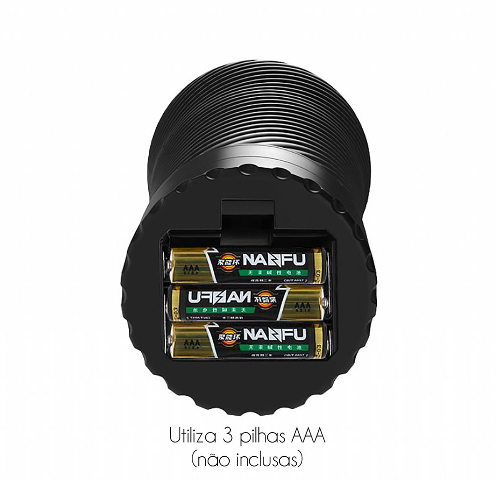 Masturbador �nus em Cyberskin com Vibrador em Formato Lanterna Bege, vista lateral, mostrando o exterior em pl�stico r�gido preto e a tampa.
