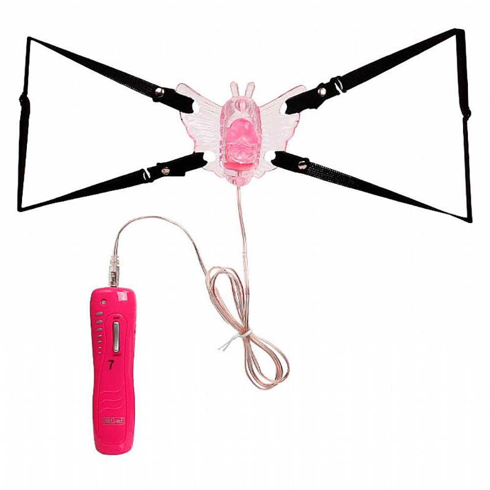Vibrador Butterfly com Mini P�nis e Controle com Fio e Cinta Ajust�vel Rosa - Vista de frente com caixa