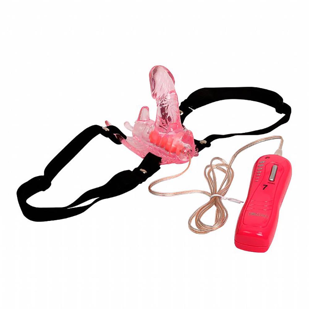Vibrador Butterfly com Mini P�nis e Controle com Fio e Cinta Ajust�vel Rosa - Vista lateral do vibrador com as cintas ajust�veis, o mini p�nis destacado e o controle com fio. Design ergon�mico vis�vel.