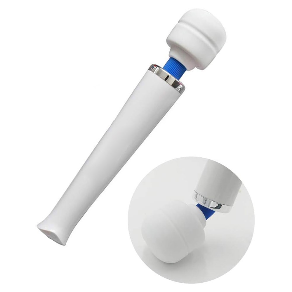 Vista lateral do Massageador Er�tico Varinha M�gica Branco com foco na cabe�a flex�vel de silicone