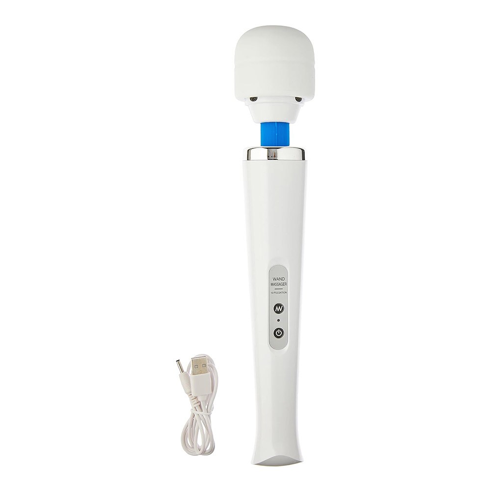 Massageador Er�tico Varinha M�gica Branco com cabo USB de carregamento ao lado